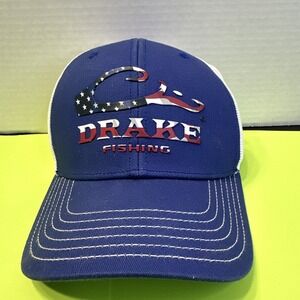 Drake Fishing Blue White Mesh Back Fitted Hat American Flag Logo Size L/XL